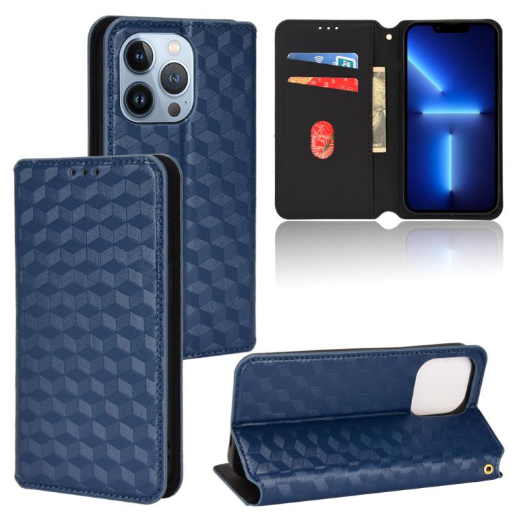 

For iPhone 14 Pro Cubic Grid Texture Flip Leather Phone Case(Blue)