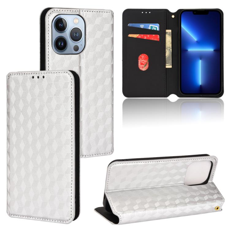

For iPhone 14 Pro Cubic Grid Texture Flip Leather Phone Case(Silver)