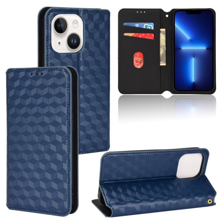 

For iPhone 14 Plus Cubic Grid Texture Flip Leather Phone Case(Blue)