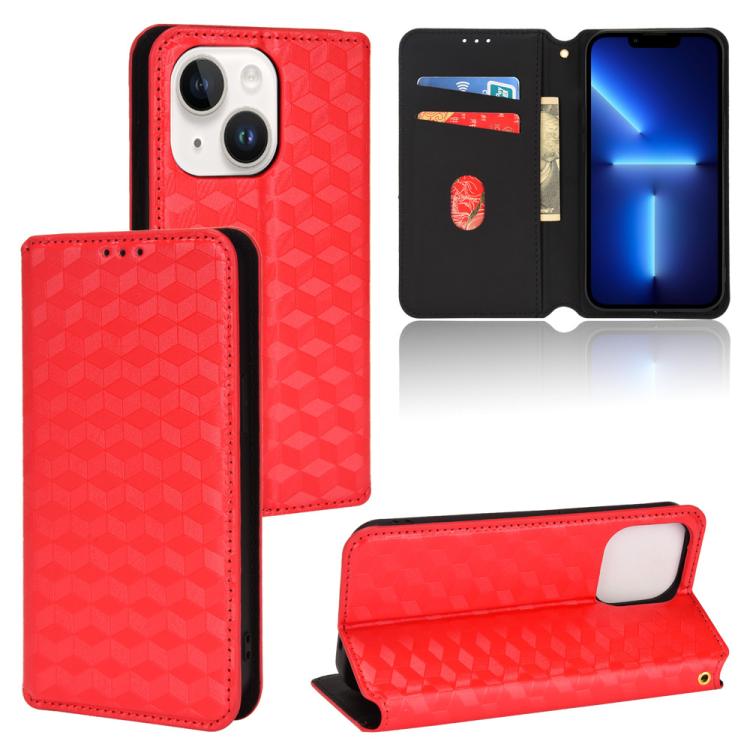

For iPhone 14 Cubic Grid Texture Flip Leather Phone Case(Red)