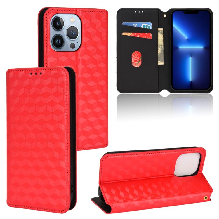 

For iPhone 13 Pro Max Cubic Grid Texture Flip Leather Phone Case(Red)