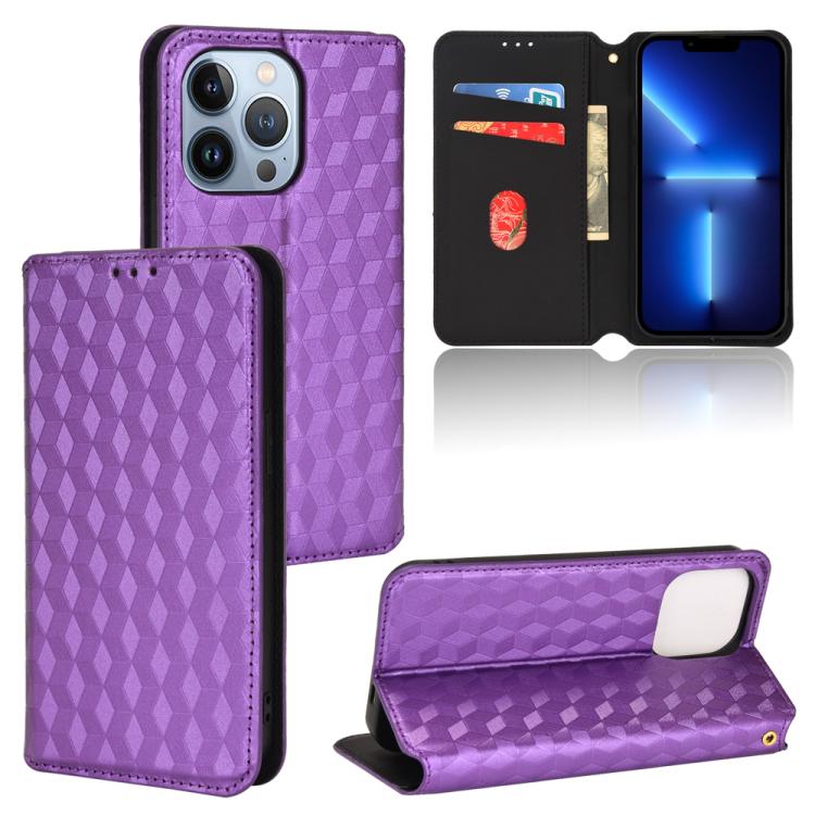 

For iPhone 13 Pro Cubic Grid Texture Flip Leather Phone Case(Purple)