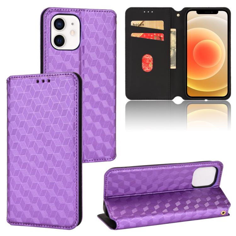 

For iPhone 12 / 12 Pro Cubic Grid Texture Flip Leather Phone Case(Purple)