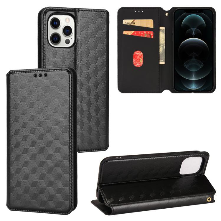 

For iPhone 12 Pro Max Cubic Grid Texture Flip Leather Phone Case(Black)