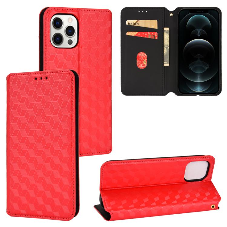 

For iPhone 12 Pro Max Cubic Grid Texture Flip Leather Phone Case(Red)