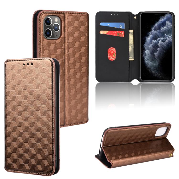 

For iPhone 11 Pro Max Cubic Grid Texture Flip Leather Phone Case(Brown)