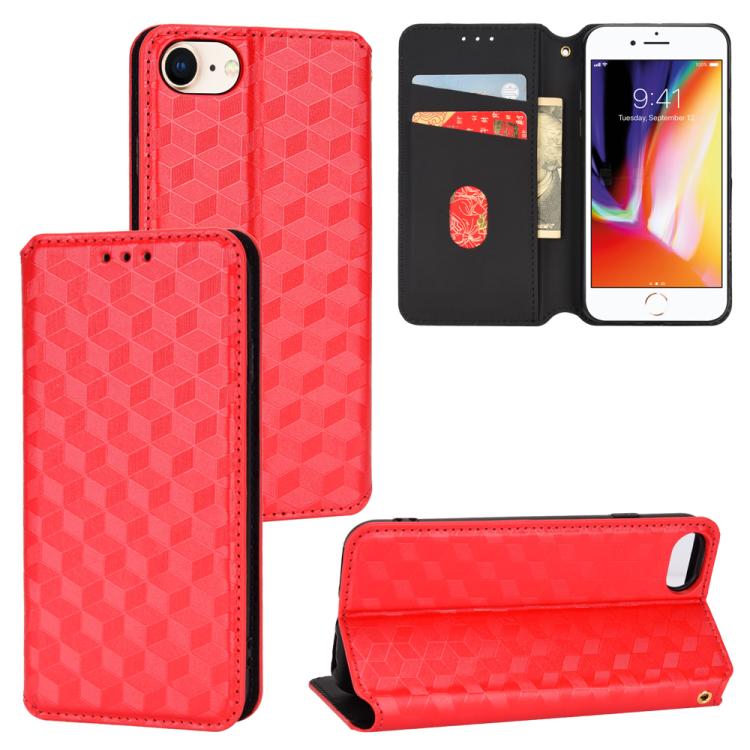 

For iPhone SE 2022 / SE 2020 / 8 / 7 Cubic Grid Texture Flip Leather Phone Case(Red)
