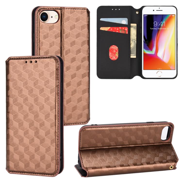 

For iPhone SE 2022 / SE 2020 / 8 / 7 Cubic Grid Texture Flip Leather Phone Case(Brown)