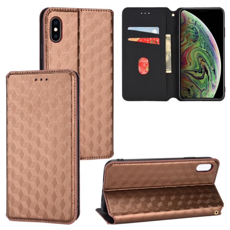 

For iPhone X / XS Cubic Grid Texture Flip Leather Phone Case(Brown)