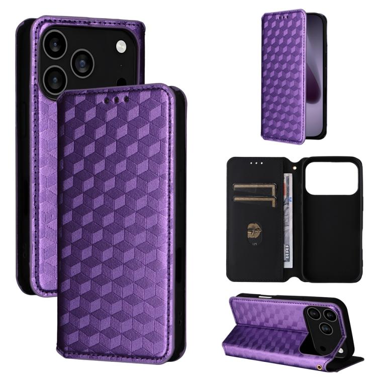 

For iPhone 17 Pro Cubic Grid Texture Flip Leather Phone Case(Purple)