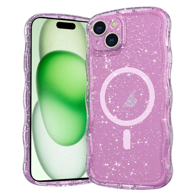 

For iPhone 15 Wave Glitter MagSafe Magnetic TPU Phone Case(Transparent Pink)