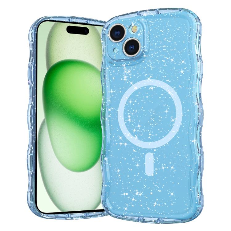 

For iPhone 15 Wave Glitter MagSafe Magnetic TPU Phone Case(Transparent Blue)