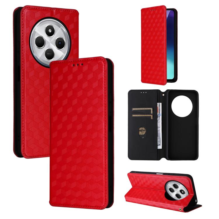 

For Redmi 14C 4G Cubic Grid Texture Flip Leather Phone Case(Red)