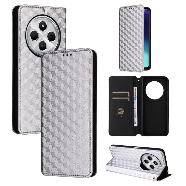

For Redmi 14C 4G Cubic Grid Texture Flip Leather Phone Case(Silver)
