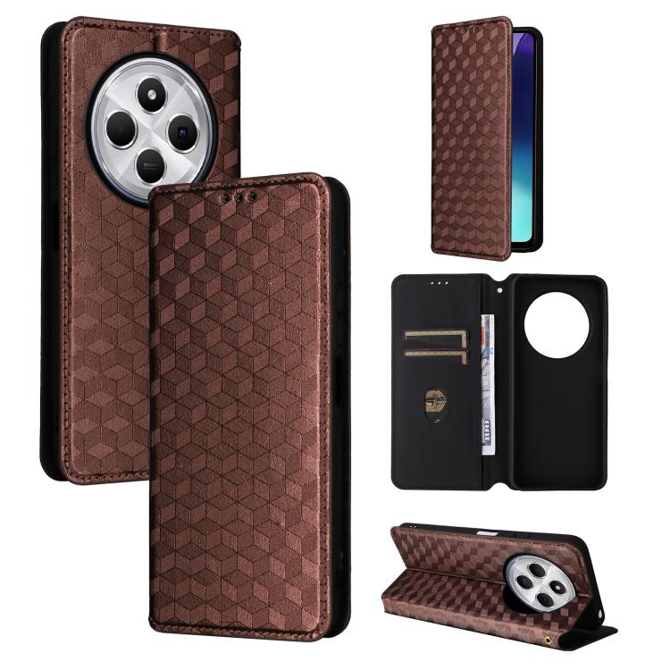 

For Redmi 14C 4G Cubic Grid Texture Flip Leather Phone Case(Brown)