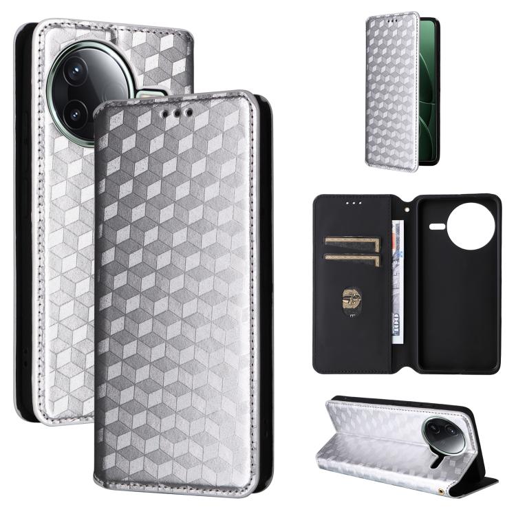 

For Redmi K80 / K80 Pro Cubic Grid Texture Flip Leather Phone Case(Silver)