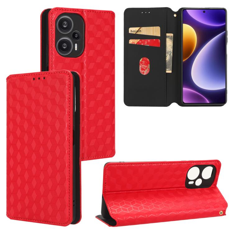 

For Redmi Note 12 Turbo 5G Cubic Grid Texture Flip Leather Phone Case(Red)