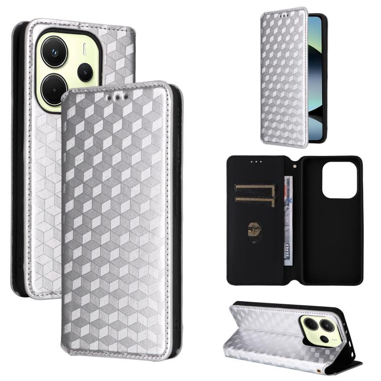 

For Redmi Note 14 4G 163.25mm Cubic Grid Texture Flip Leather Phone Case(Silver)