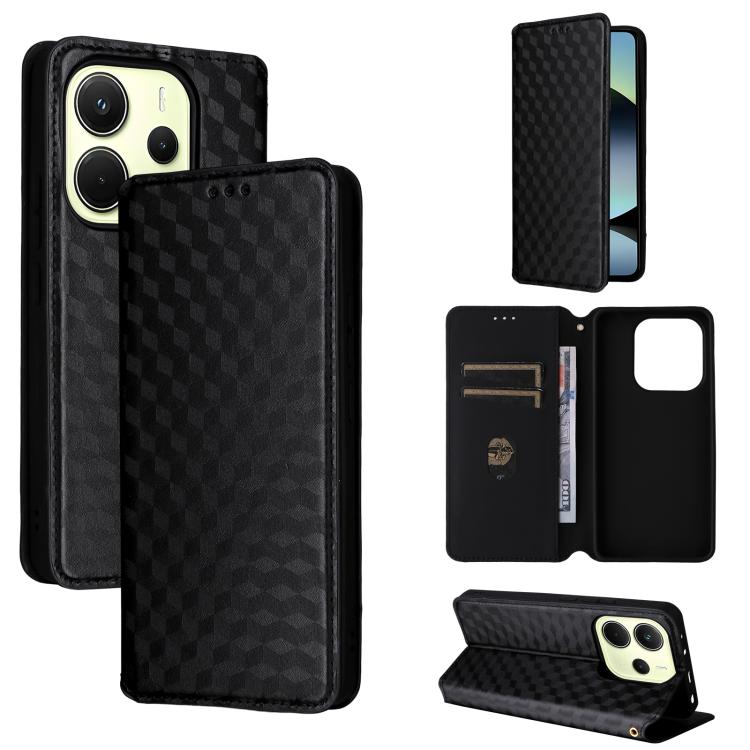 

For Redmi Note 14 4G 164.84mm Cubic Grid Texture Flip Leather Phone Case(Black)