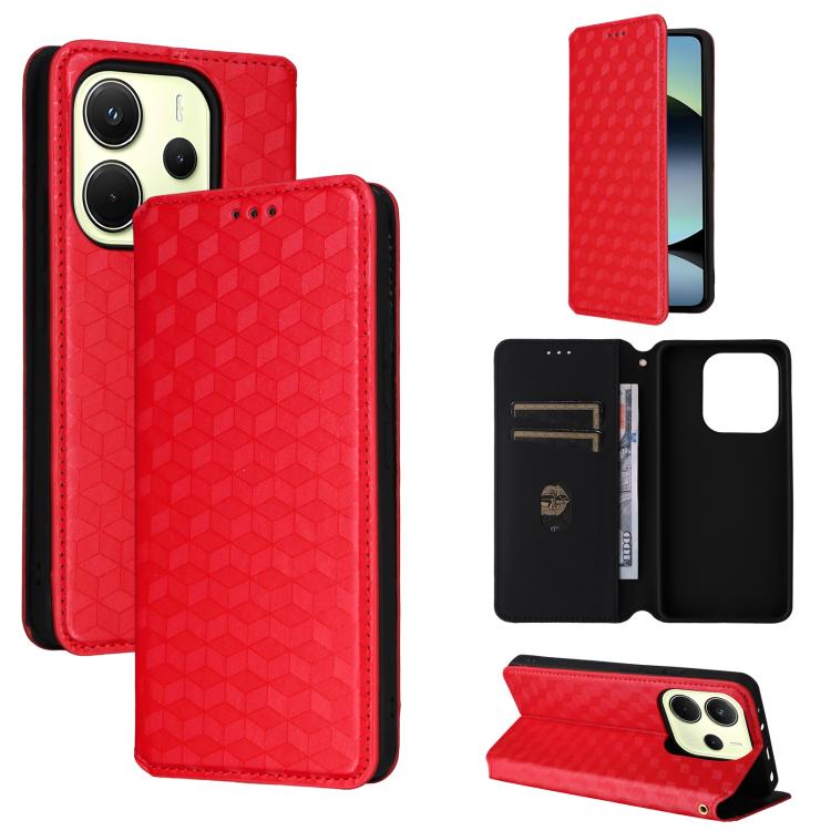 

For Redmi Note 14 4G 164.84mm Cubic Grid Texture Flip Leather Phone Case(Red)