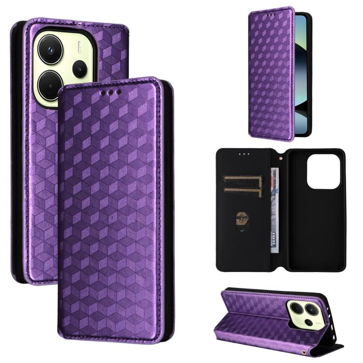 

For Redmi Note 14 4G 164.84mm Cubic Grid Texture Flip Leather Phone Case(Purple)