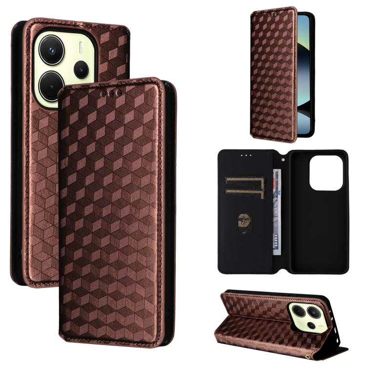 

For Redmi Note 14 4G 164.84mm Cubic Grid Texture Flip Leather Phone Case(Brown)