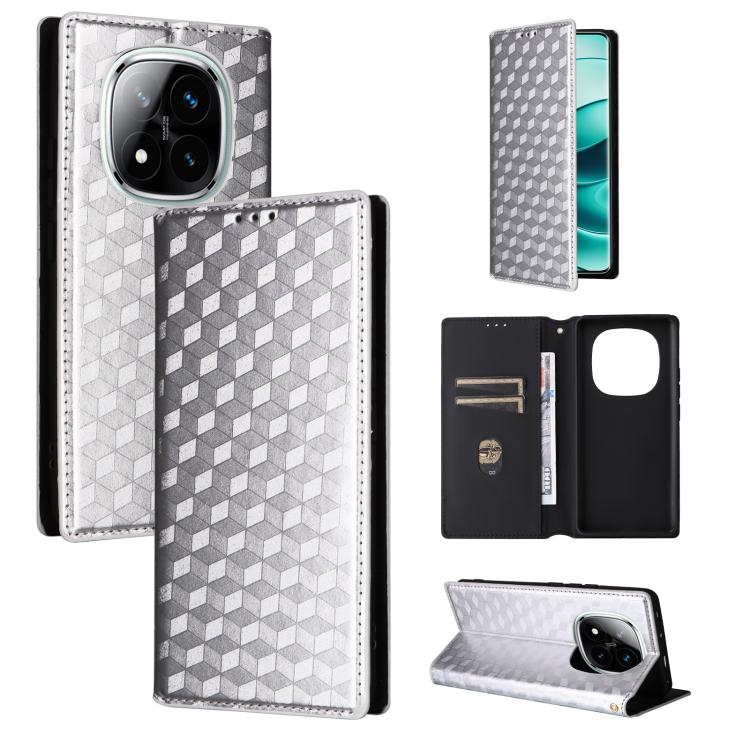 

For Redmi Note 14 Pro 4G Global Cubic Grid Texture Flip Leather Phone Case(Silver)