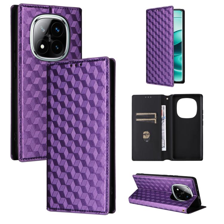 

For Redmi Note 14 Pro 4G Global Cubic Grid Texture Flip Leather Phone Case(Purple)