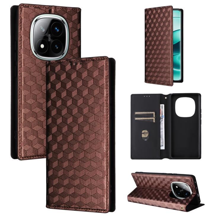 

For Redmi Note 14 Pro+ 5G Cubic Grid Texture Flip Leather Phone Case(Brown)