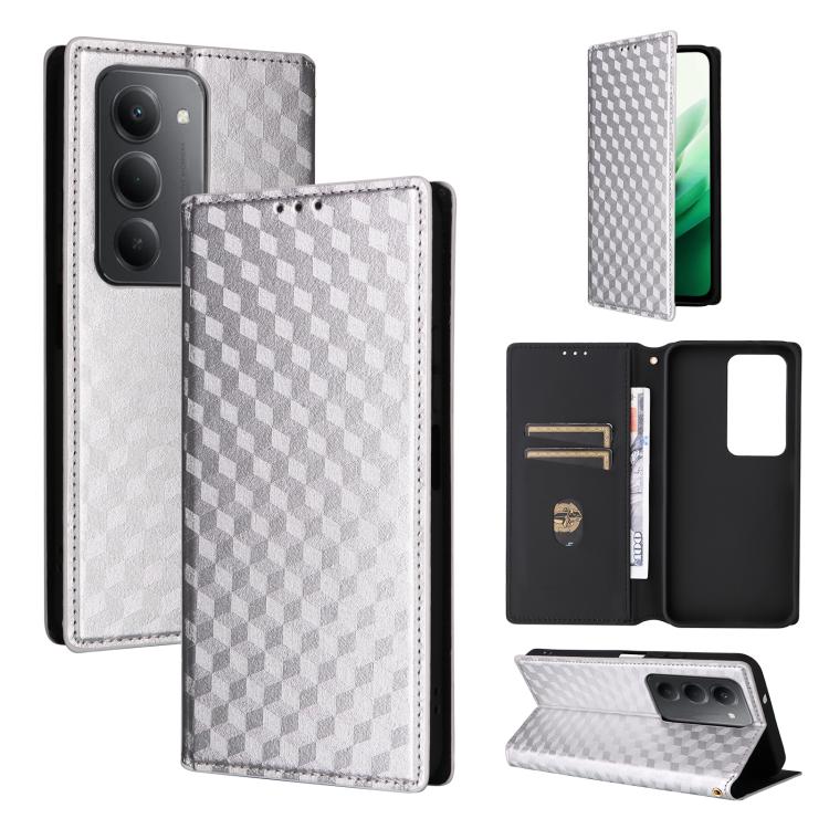 

For Redmi 15 5G / 4G EU 171mm Cubic Grid Texture Flip Leather Phone Case(Silver)