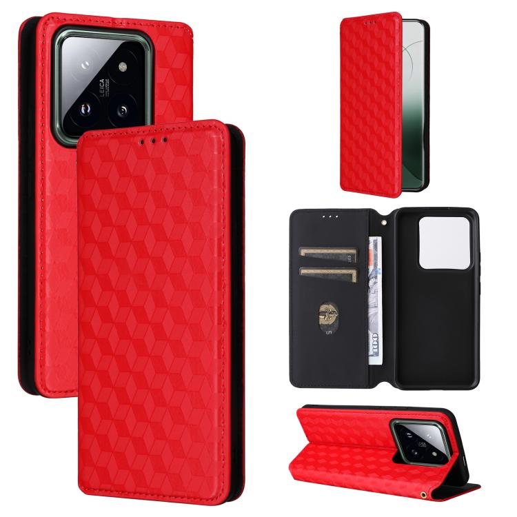 

For Xiaomi 14 Pro Cubic Grid Texture Flip Leather Phone Case(Red)