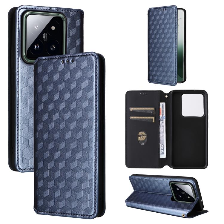 

For Xiaomi 14 Pro Cubic Grid Texture Flip Leather Phone Case(Blue)