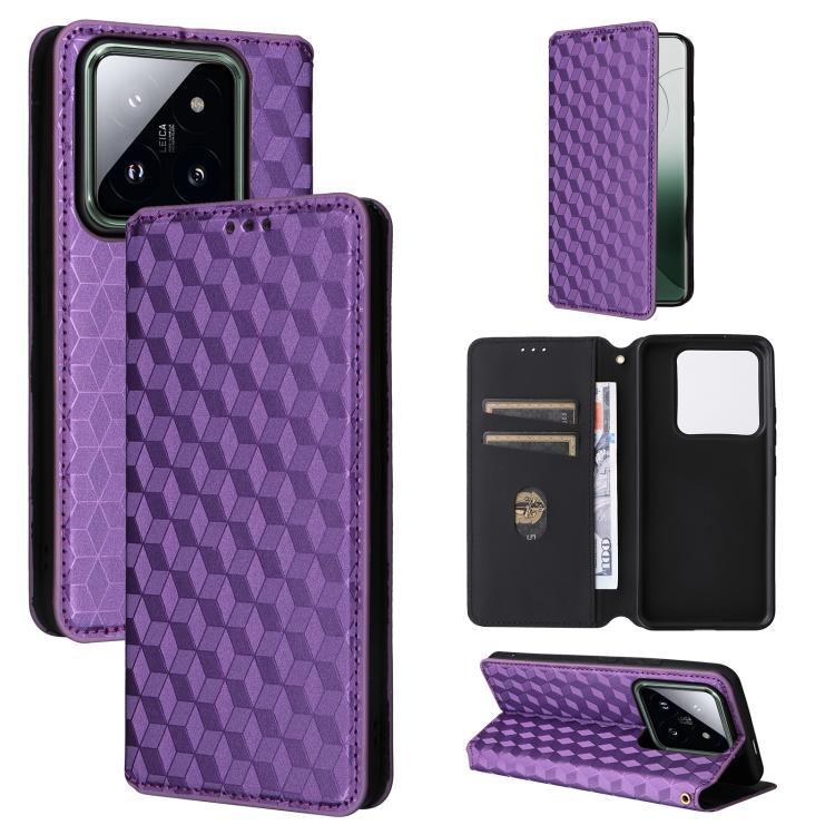 

For Xiaomi 14 Pro Cubic Grid Texture Flip Leather Phone Case(Purple)