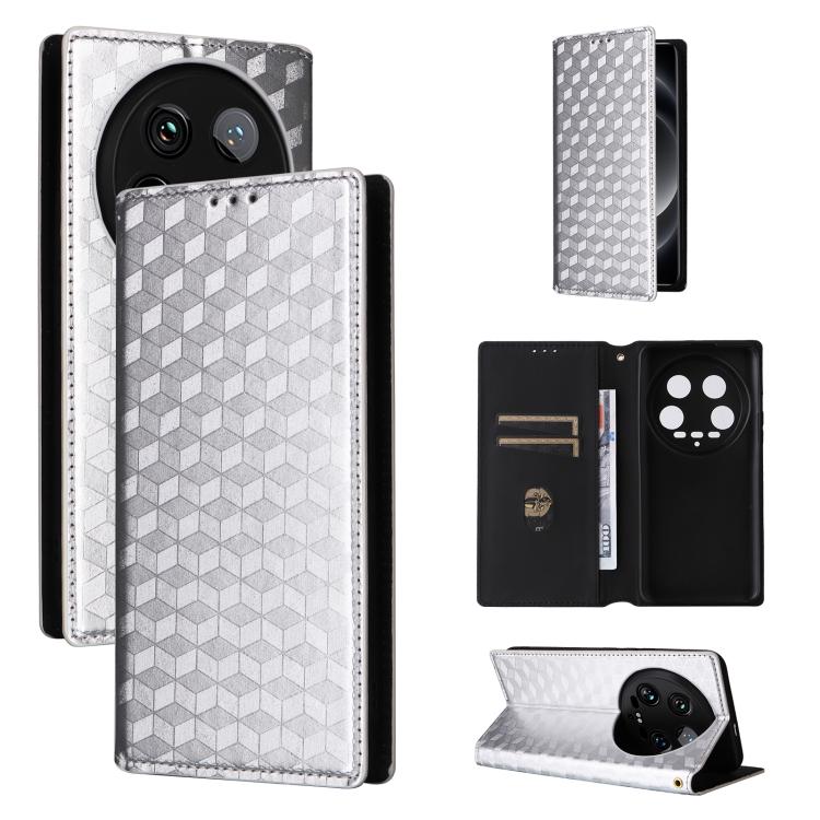 

For Xiaomi 14 Ultra Cubic Grid Texture Flip Leather Phone Case(Silver)