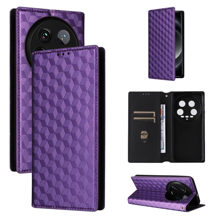 

For Xiaomi 14 Ultra Cubic Grid Texture Flip Leather Phone Case(Purple)