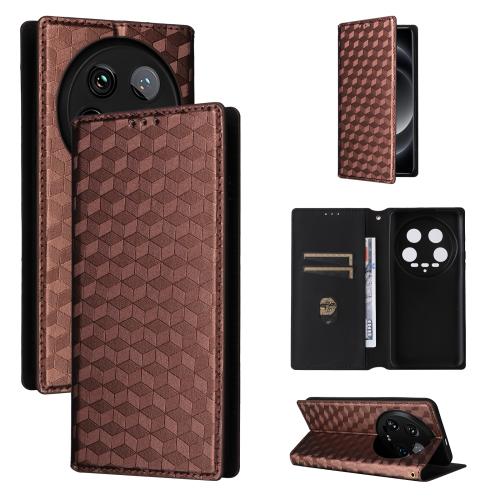 

For Xiaomi 14 Ultra Cubic Grid Texture Flip Leather Phone Case(Brown)