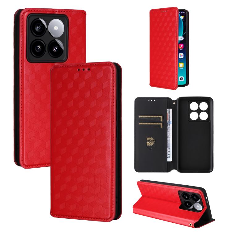 

For Xiaomi 14T Pro Cubic Grid Texture Flip Leather Phone Case(Red)