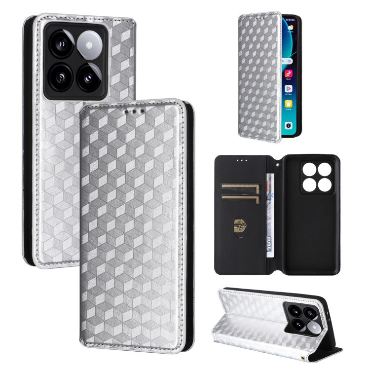 

For Xiaomi 14T Pro Cubic Grid Texture Flip Leather Phone Case(Silver)
