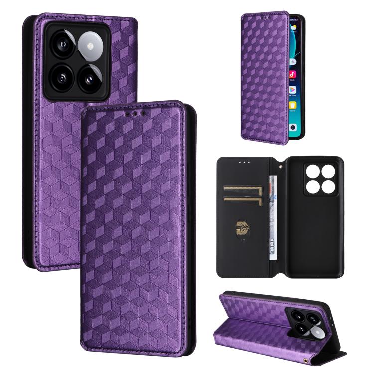 

For Xiaomi 14T Pro Cubic Grid Texture Flip Leather Phone Case(Purple)