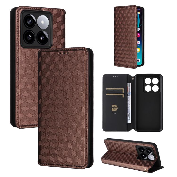 

For Xiaomi 14T Pro Cubic Grid Texture Flip Leather Phone Case(Brown)
