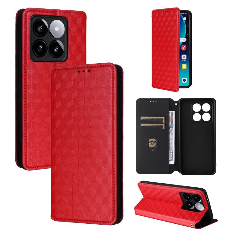 

For Xiaomi 14T Cubic Grid Texture Flip Leather Phone Case(Red)