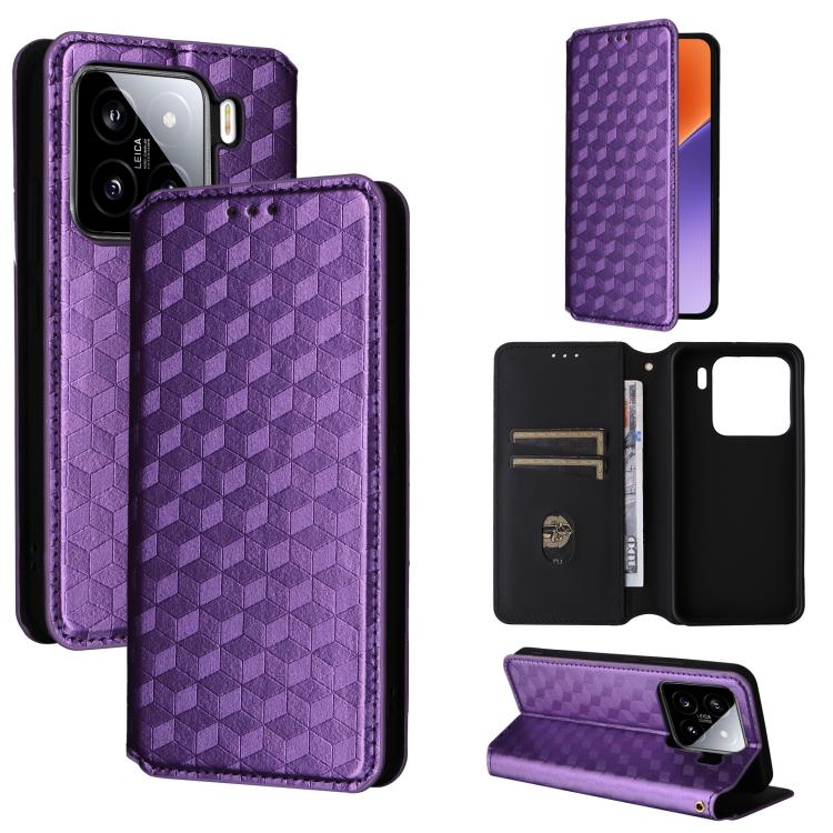 

For Xiaomi 15 Pro Cubic Grid Texture Flip Leather Phone Case(Purple)