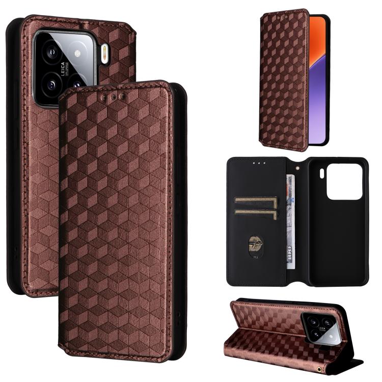 

For Xiaomi 15 Pro Cubic Grid Texture Flip Leather Phone Case(Brown)