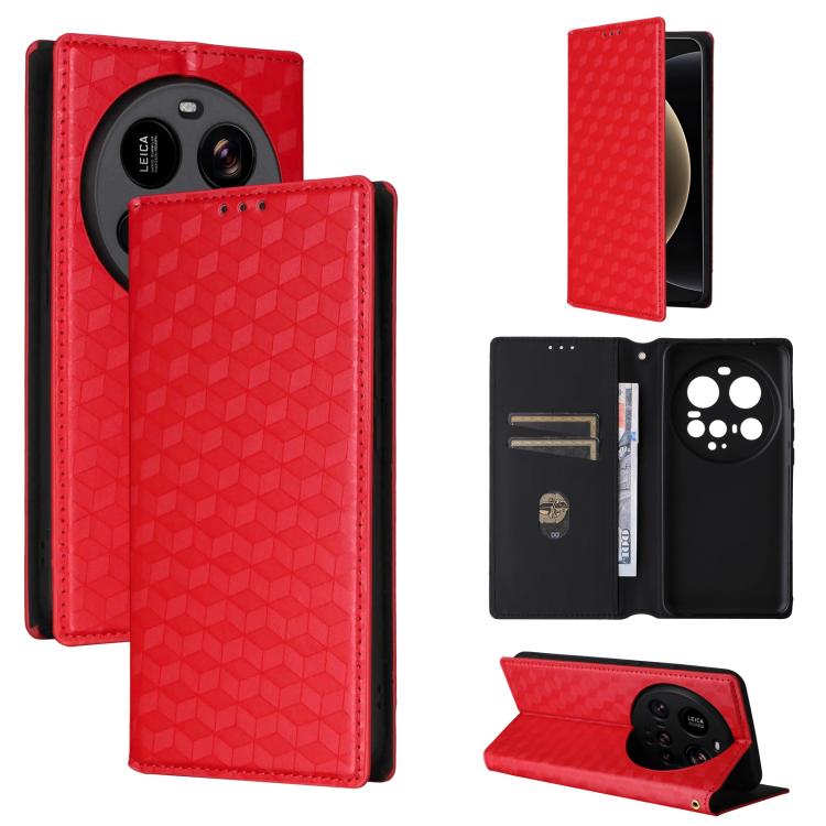 

For Xiaomi 15 Ultra Cubic Grid Texture Flip Leather Phone Case(Red)