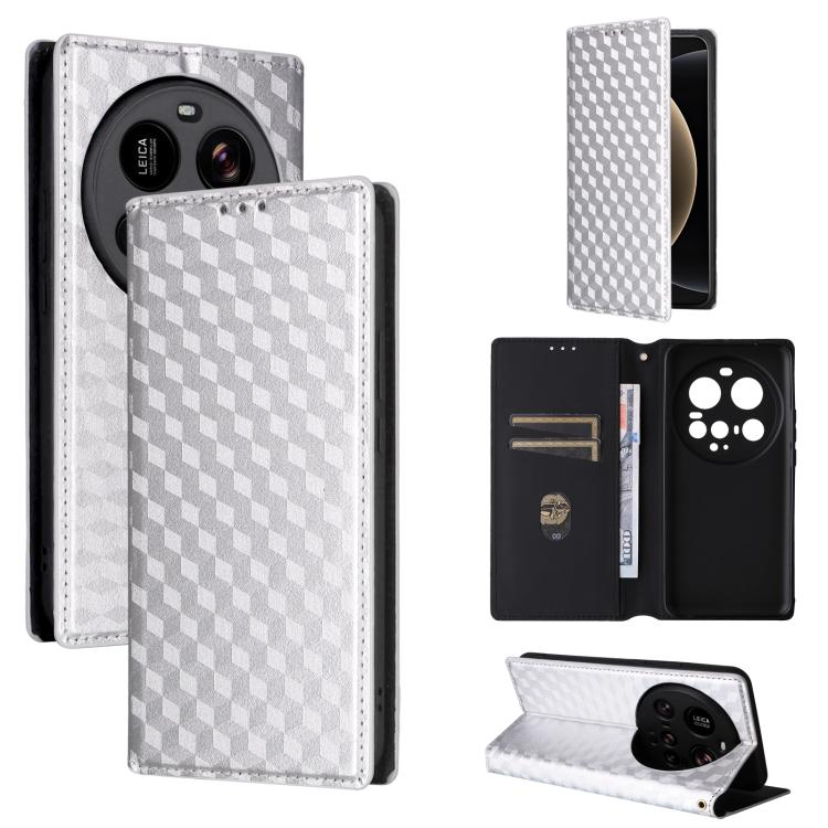 

For Xiaomi 15 Ultra Cubic Grid Texture Flip Leather Phone Case(Silver)
