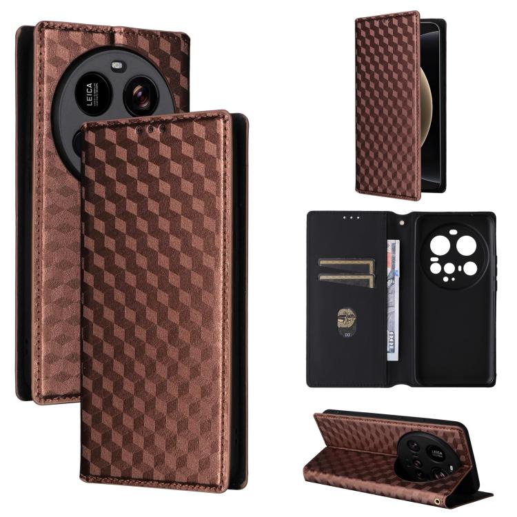 

For Xiaomi 15 Ultra Cubic Grid Texture Flip Leather Phone Case(Brown)