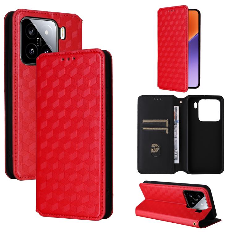 

For Xiaomi 15 Cubic Grid Texture Flip Leather Phone Case(Red)