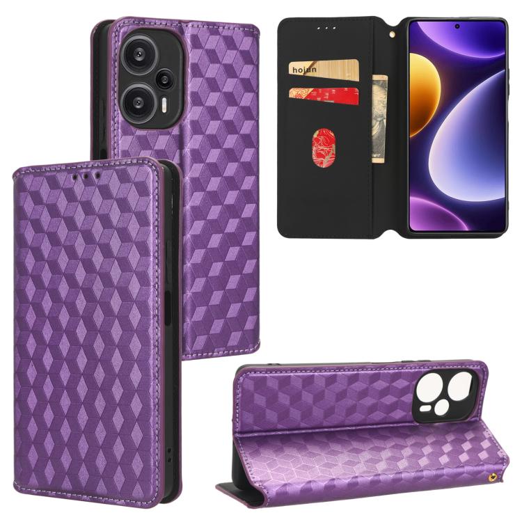 

For Xiaomi Poco F5 5G / Redmi Note 12 Turbo 5G Cubic Grid Texture Flip Leather Phone Case(Purple)