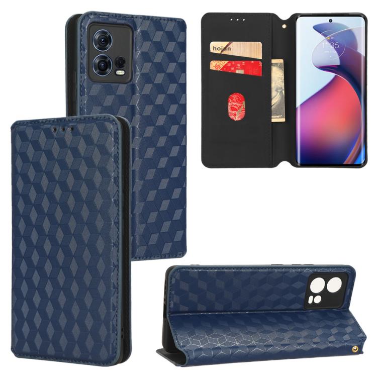 

For Motorola Edge 30 Fusion Cubic Grid Texture Flip Leather Phone Case(Blue)