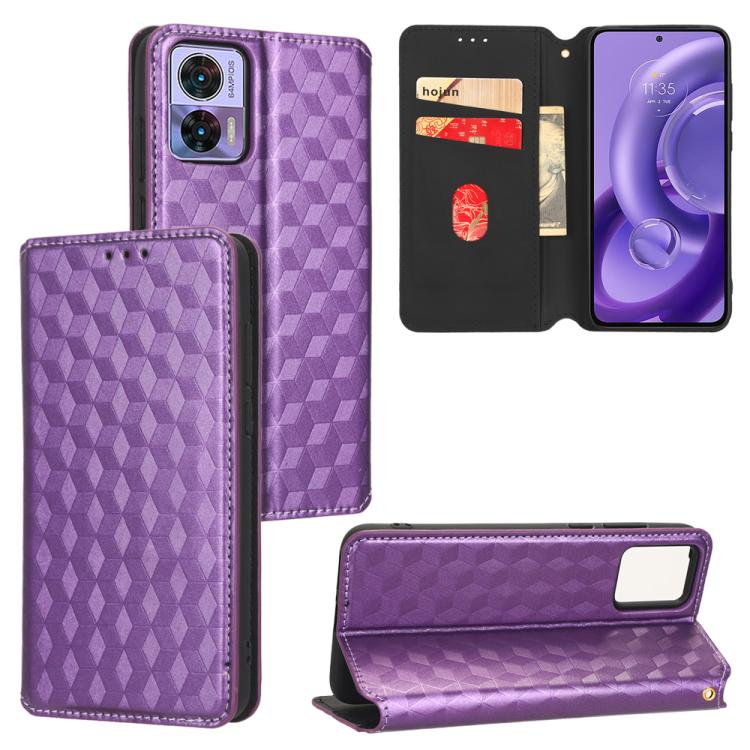 

For Motorola Edge 30 Neo Cubic Grid Texture Flip Leather Phone Case(Purple)